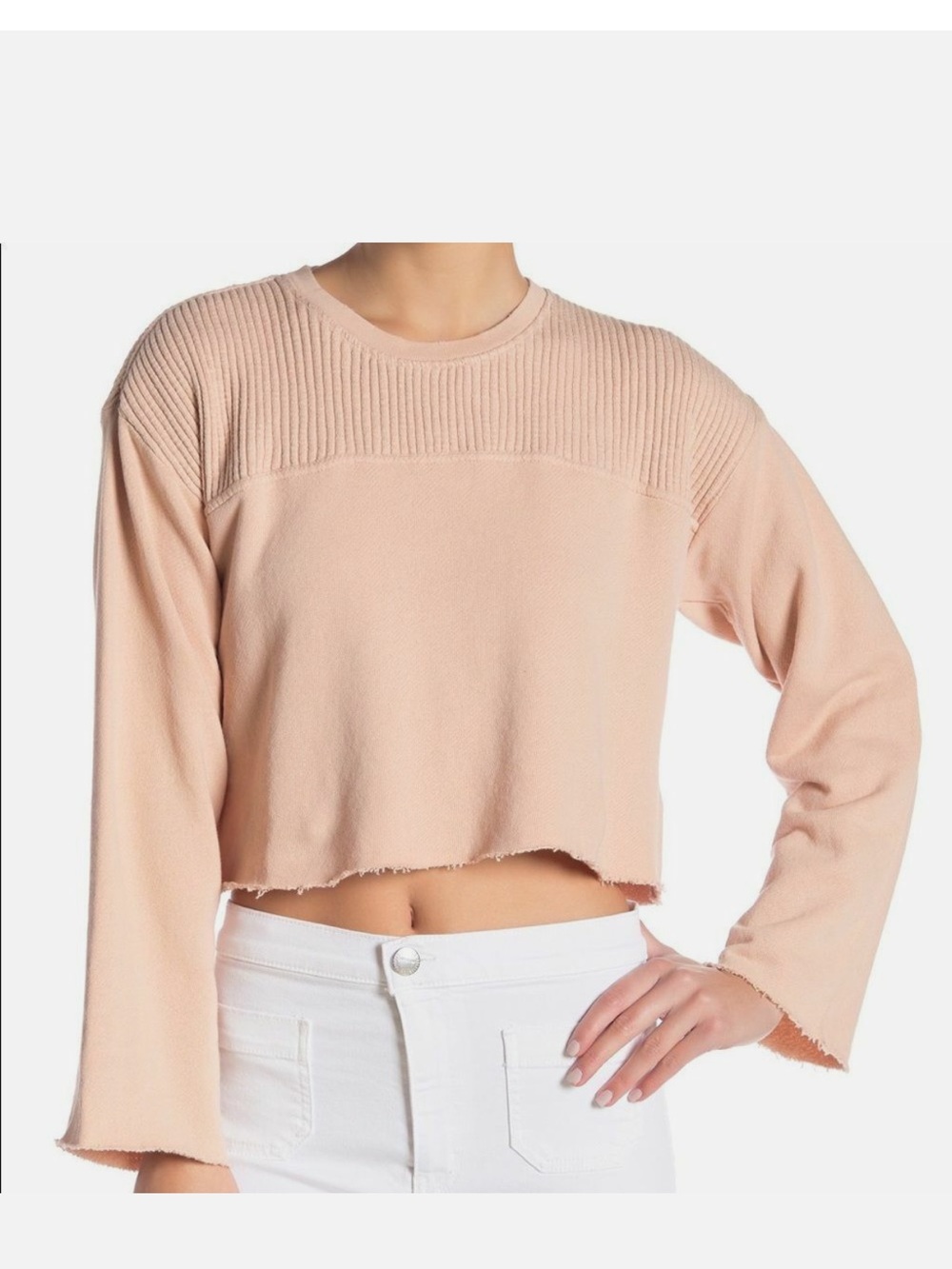Current/Elliott Acture Knit Light Pink Cropped Rib-Yoke Sweater